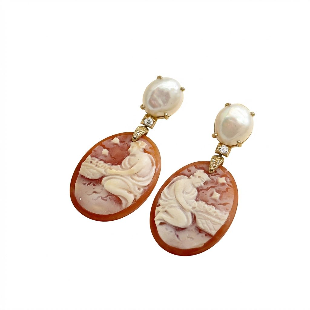 Hand-Carved Cameo &amp; Pearl Earrings - Vintage Victorian Elegance