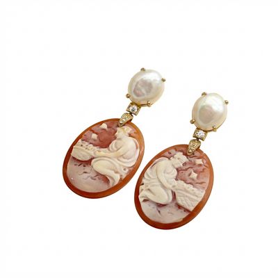 Hand-Carved Cameo &amp; Pearl Earrings - Vintage Victorian Elegance
