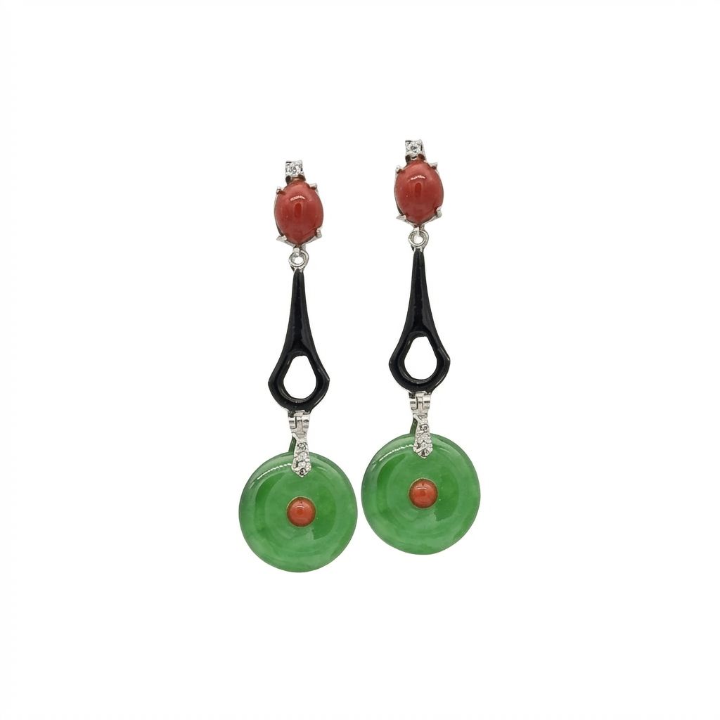 Enamel Earrings with Coral &amp; Jade in 925 Sterling Silver