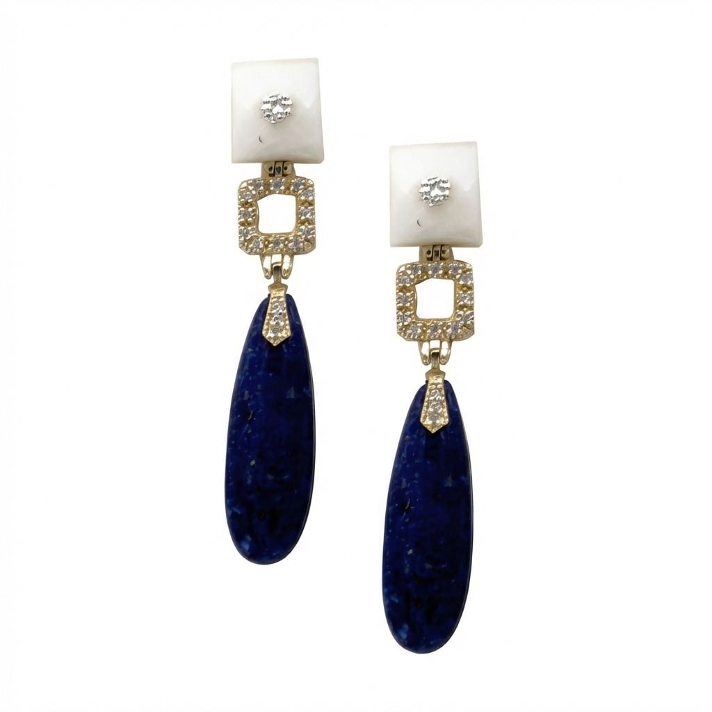 White Agate &amp; Black Onyx Earrings in 925 Sterling Silver Gold Plated