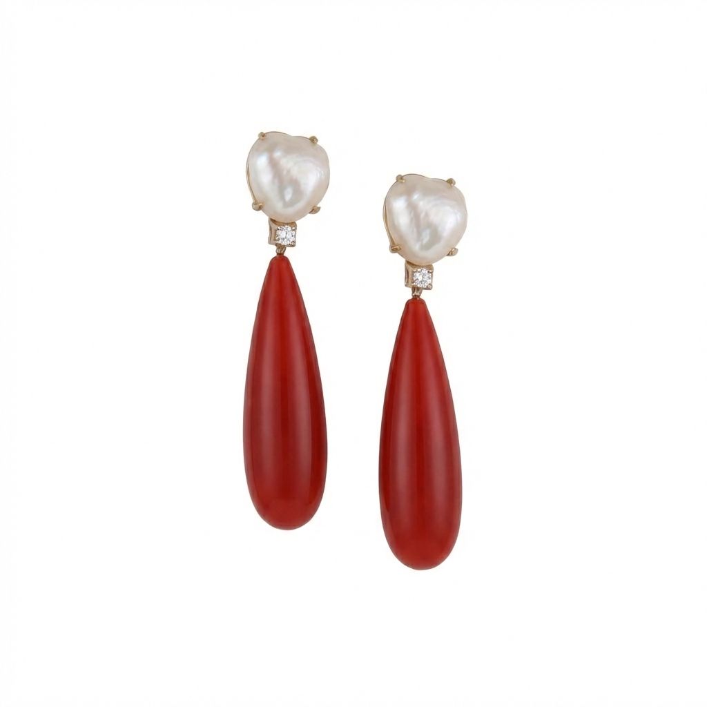 Pearl &amp; Carnelian Earrings in 925 Sterling Silver - Classic Elegance Meets Vibrant Color