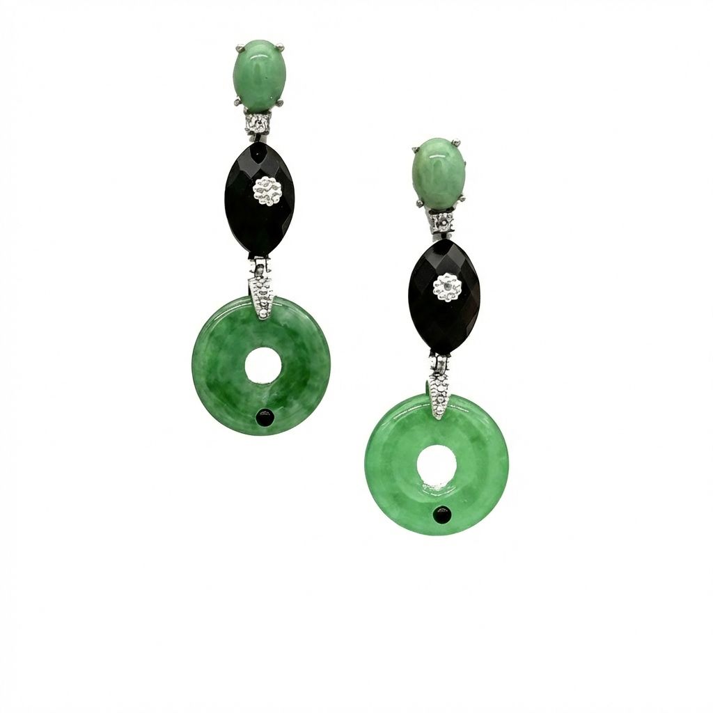 Jade &amp; Onyx Earrings in 925 Sterling Silver - Harmonious Contrast