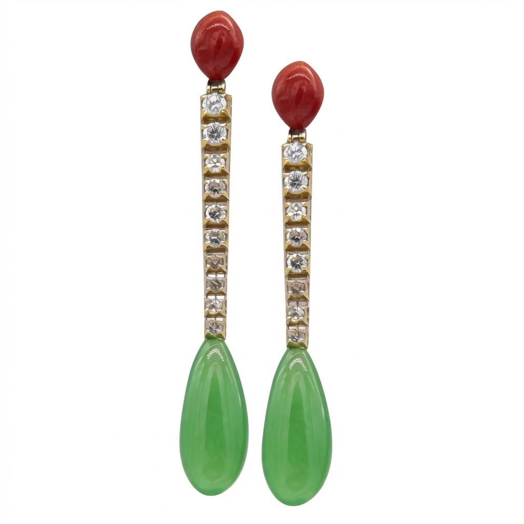 Red Mediterranean Coral &amp; Jade Earrings - Vibrant Contrast of Nature's Treasures