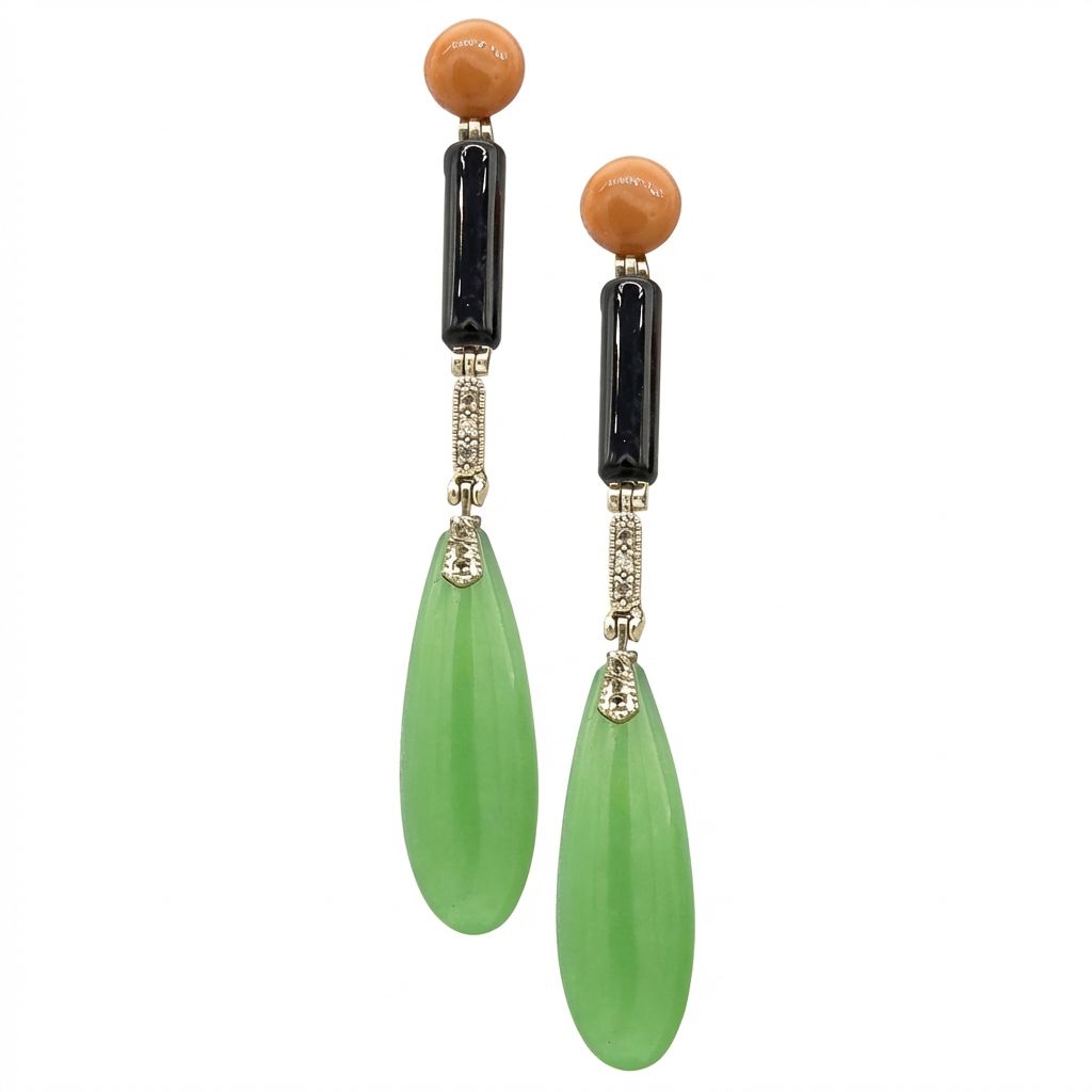 Red Mediterranean Coral, Onyx &amp; Jade Earrings in 925 Sterling Silver - Vibrant Color Trio