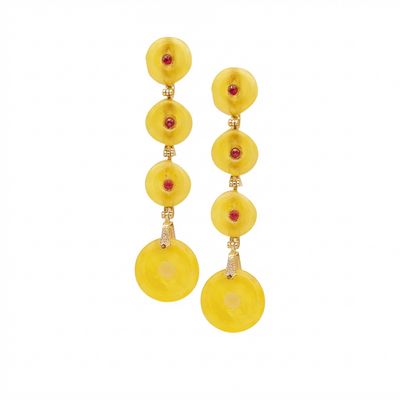 Yellow Jade &amp; Mediterranean Red Coral Earrings in 925 Sterling Silver