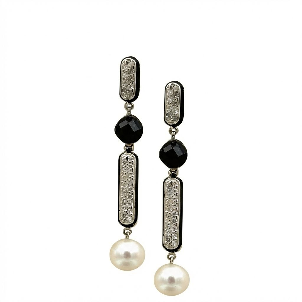Onyx, Pearl &amp; Zircon Earrings with Enamel Work in 925 Sterling Silver