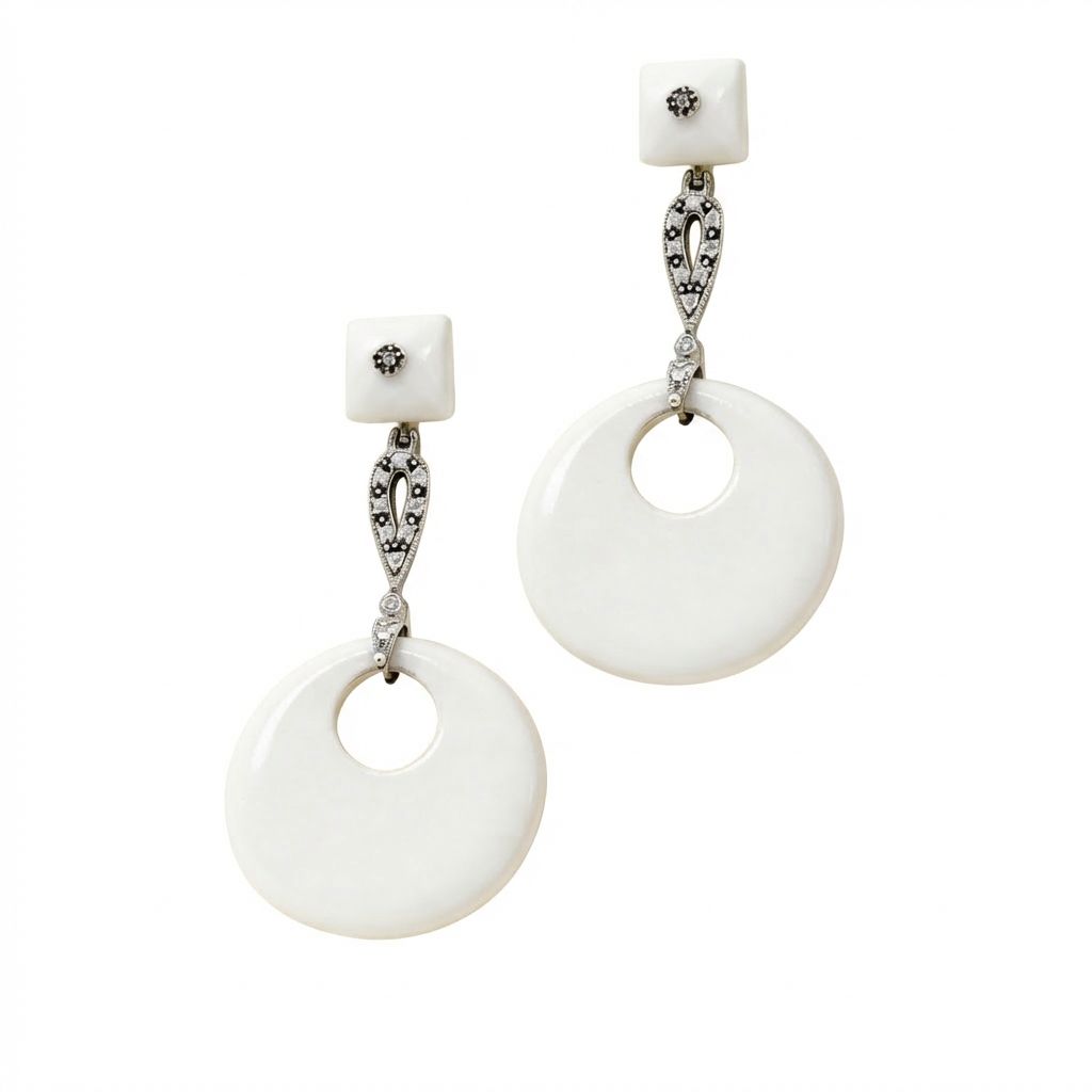 White Agate &amp; Zircon Earrings in 925 Sterling Silver