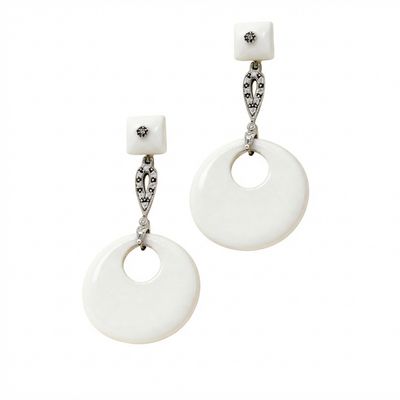 White Agate &amp; Zircon Earrings in 925 Sterling Silver