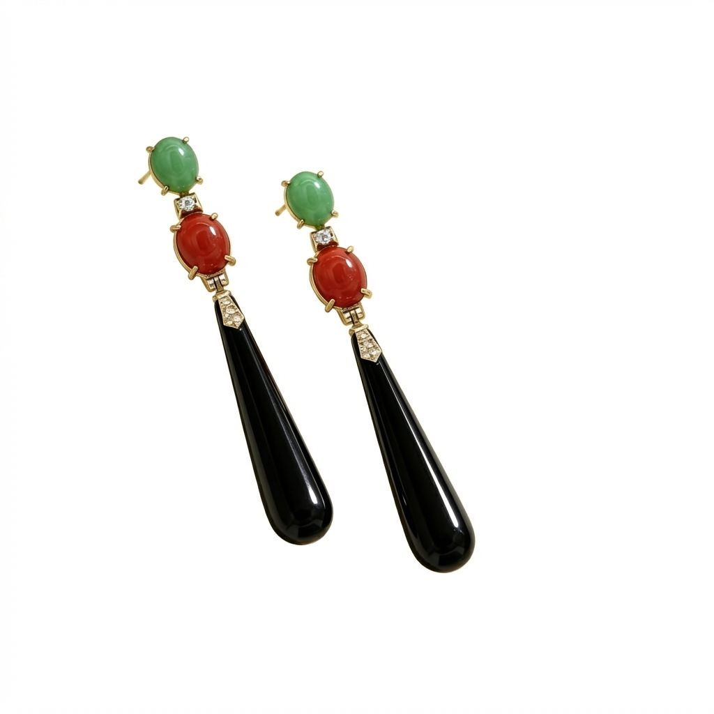 Onyx, Jade &amp; Zircon Earrings in Gold-Plated 925 Sterling Silver