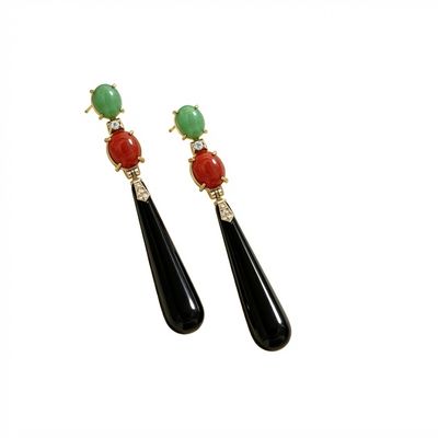 Onyx, Jade &amp; Zircon Earrings in Gold-Plated 925 Sterling Silver