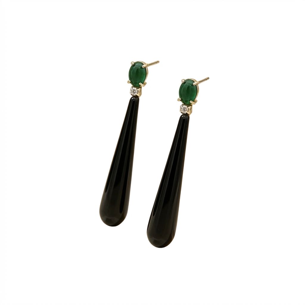 Onyx, Jade &amp; Zircon Earrings in Gold-Plated 925 Sterling Silver - Striking Color Contrast