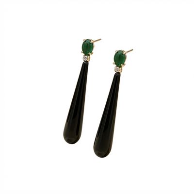 Onyx, Jade &amp; Zircon Earrings in Gold-Plated 925 Sterling Silver - Striking Color Contrast
