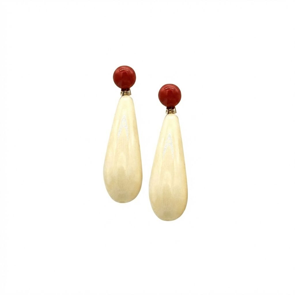 Natural Bone &amp; Red Mediterranean Coral Earrings in Gold-Plated 925 Sterling Silver