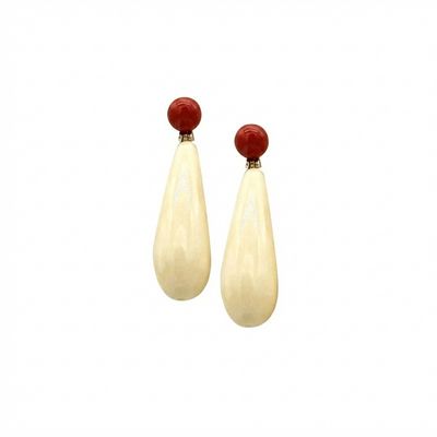 Natural Bone &amp; Red Mediterranean Coral Earrings in Gold-Plated 925 Sterling Silver