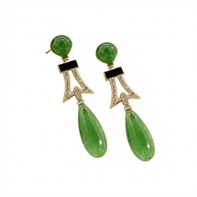 Jade &amp; Enamel Earrings in Gold-Plated 925 Sterling Silver - Artisan Craftsmanship