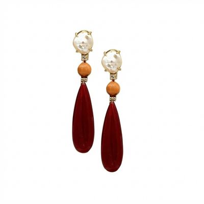 Pearl, Coral &amp; Carnelian Earrings in Gold-Plated 925 Sterling Silver - Warm Color Harmony