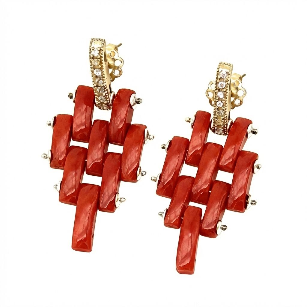 Red Mediterranean Coral &amp; Zircon Earrings - Checkerboard Design