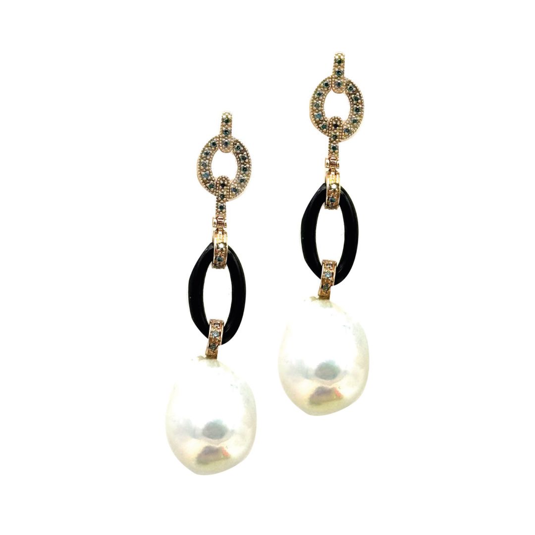 9K Gold Earrings with Green Fancy Diamonds 0.35 ct, Indonesian Baroque Pearls &amp; Onyx