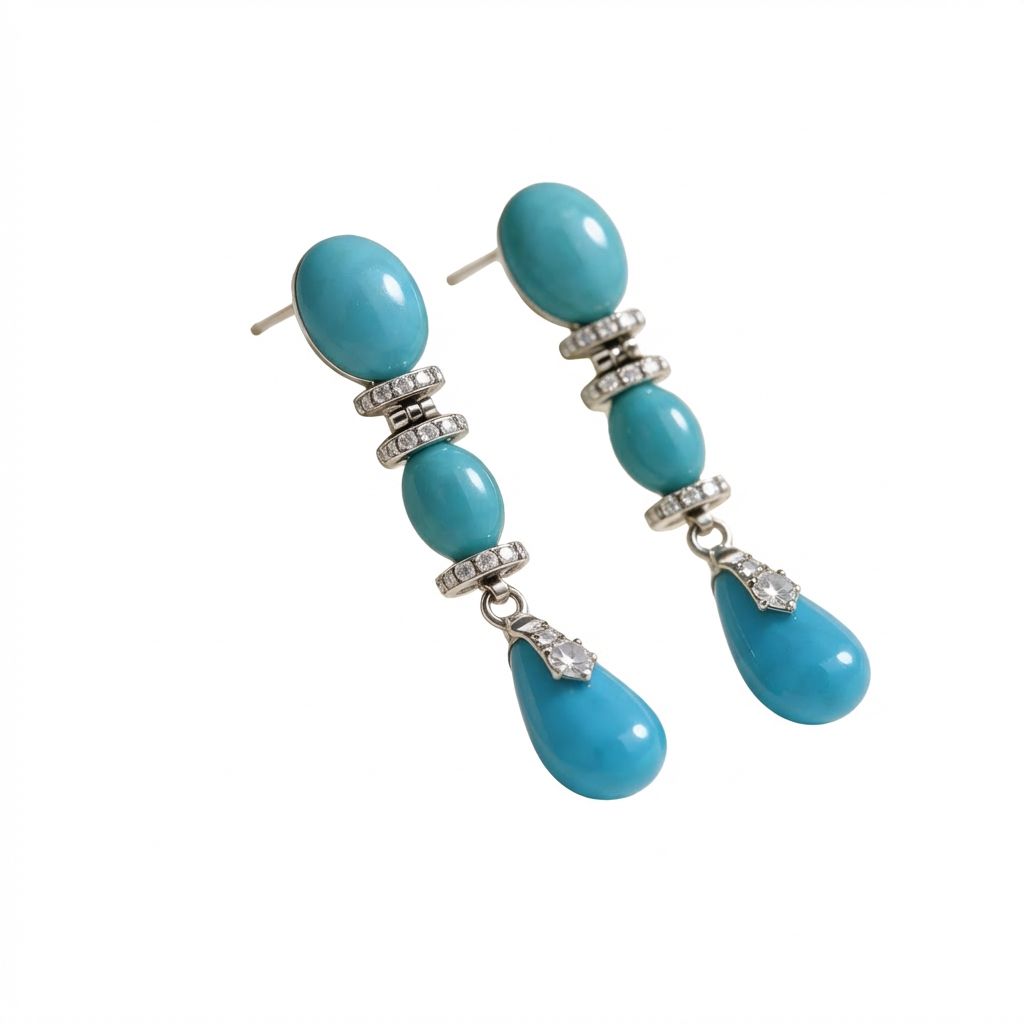 Art Deco 18K Gold Earrings with Diamonds 0.22 ct &amp; Turquoise