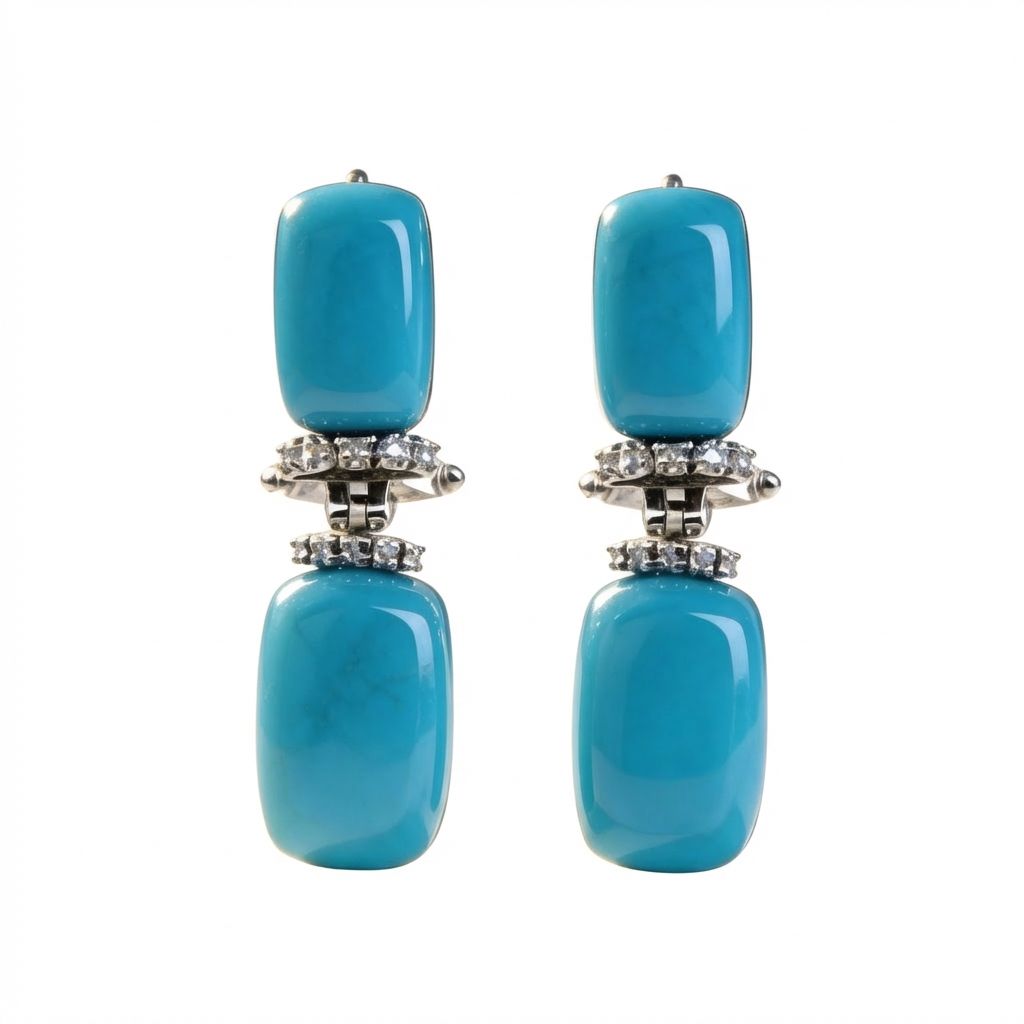 Art Deco 18K Gold Earrings with Diamonds 0.20 ct &amp; Turquoise