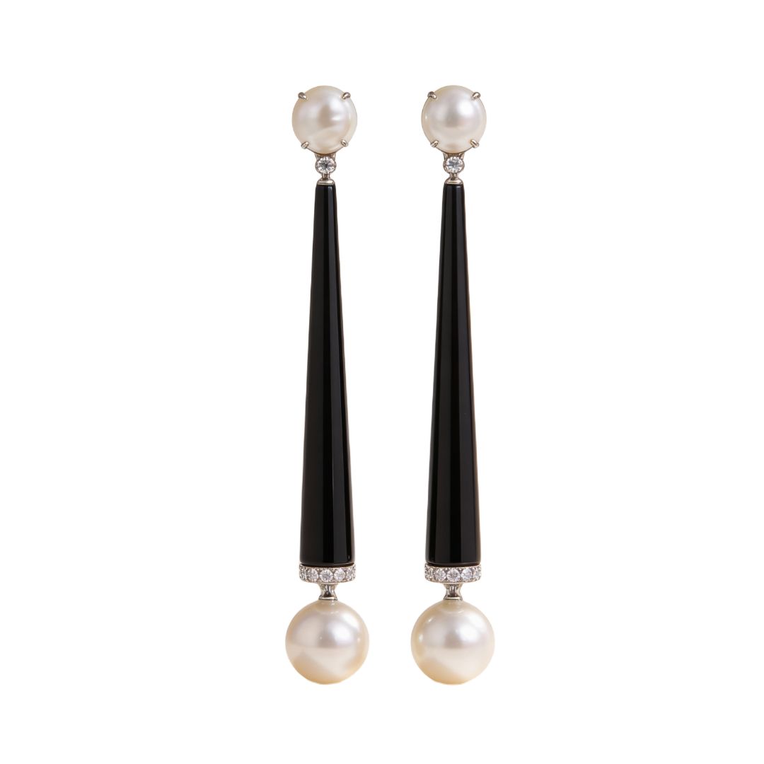 Art Deco 18K Gold Earrings with Diamonds 0.12 ct, Australian South Sea Pearls &amp; Onyx