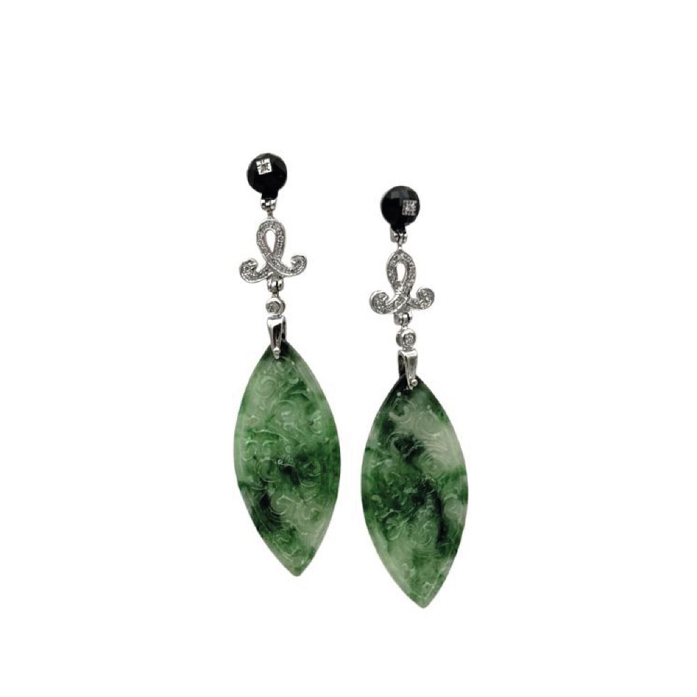 Art Deco 18K Gold Diamond Earrings with Jade &amp; Onyx