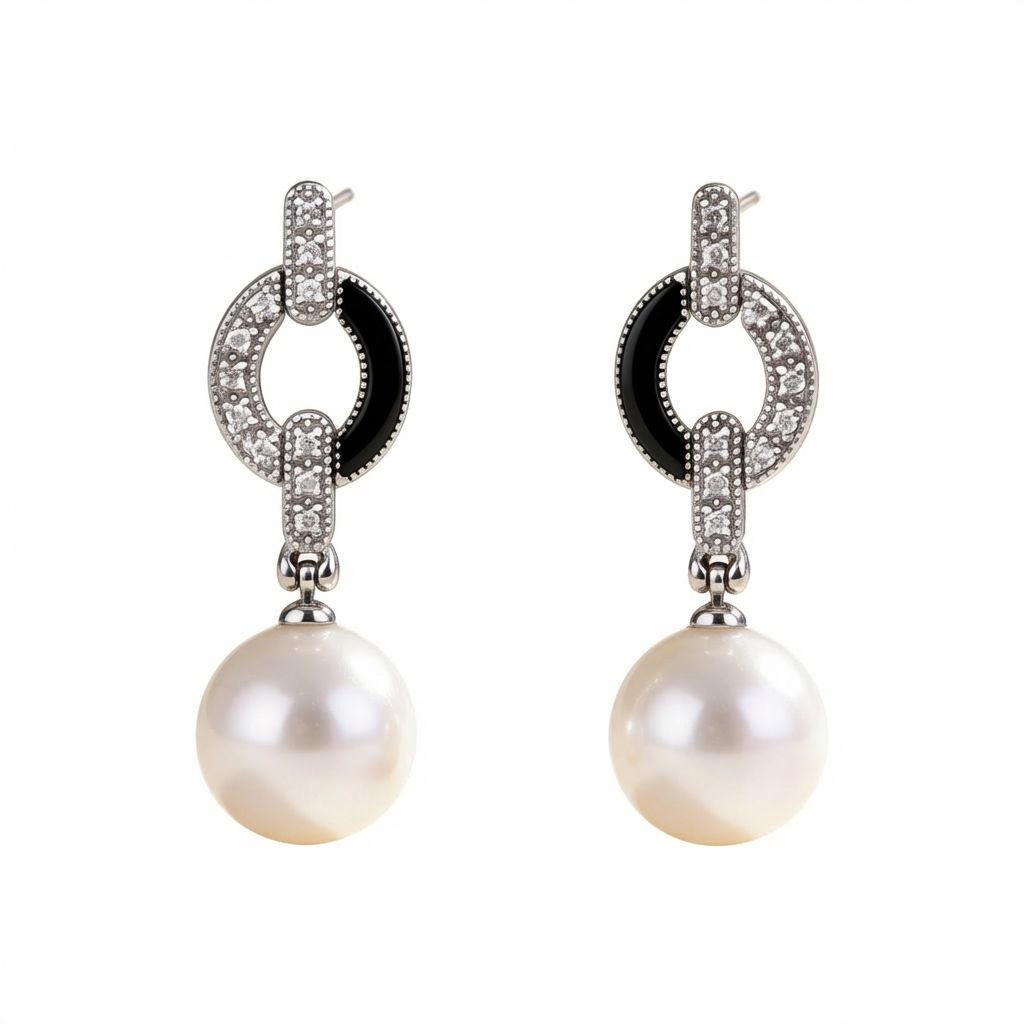 Art Deco 18K Gold Earrings with Diamonds 0.25 ct, Australian South Sea Pearls &amp; Black Enamel