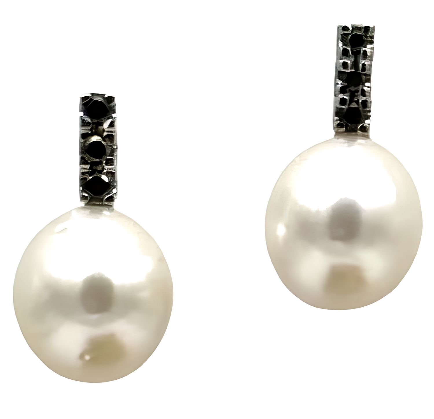 Art Deco 18K Gold Earrings with Black Diamonds 0.12 ct &amp; Australian South Sea Pearls