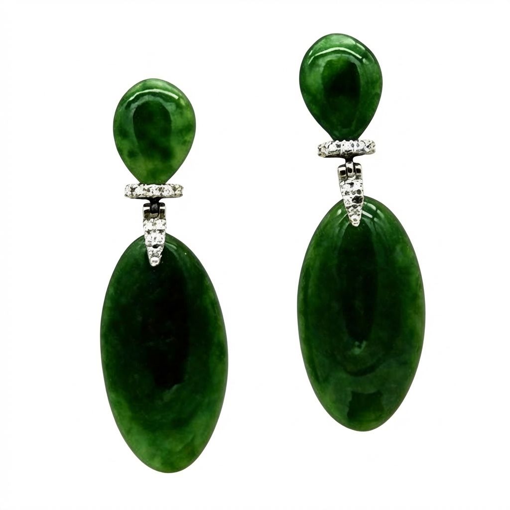 Art Deco 18K Gold Earrings with Diamonds &amp; Imperial Jade