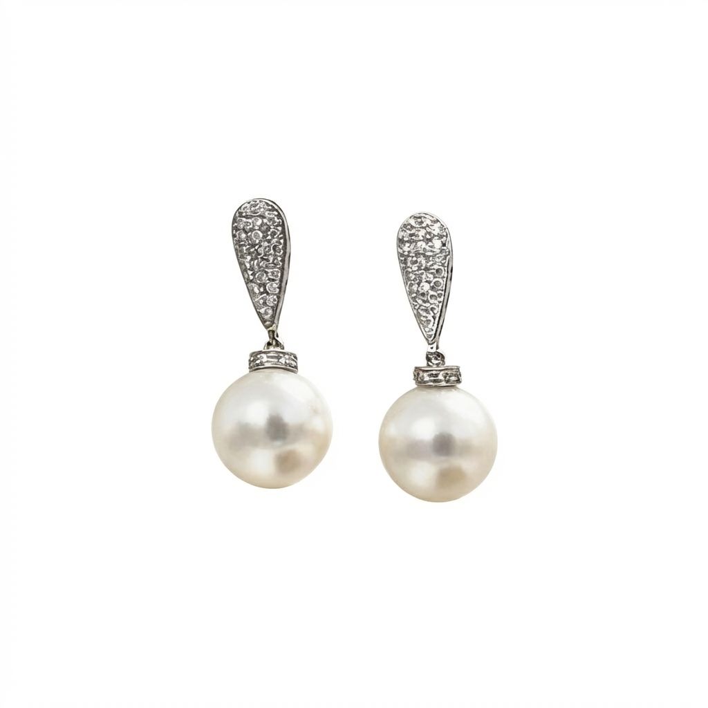 Art Deco 18K Gold Earrings with Diamonds 0.35 ct &amp; Australian South Sea Pearls