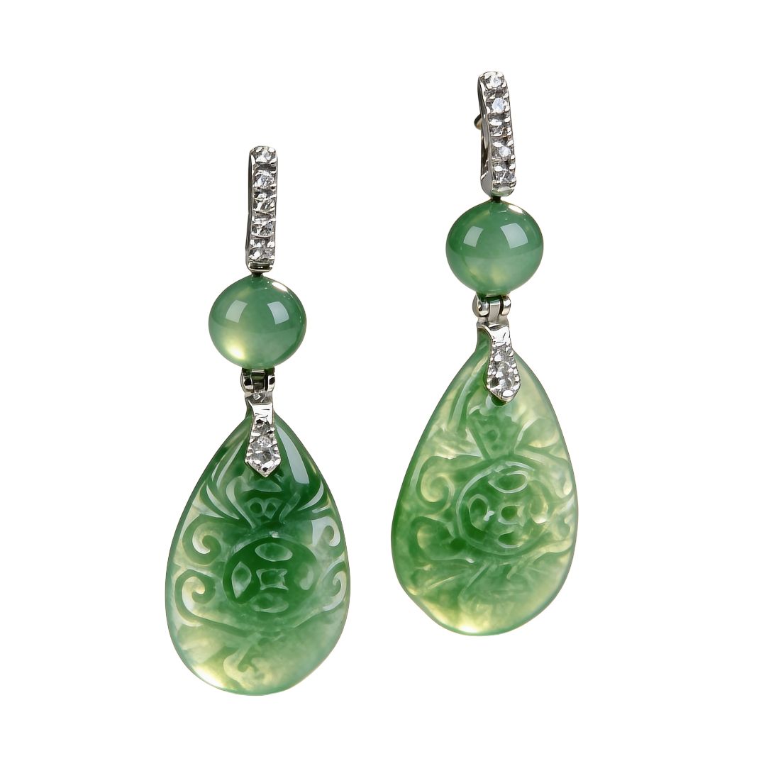 Art Deco 18K Gold Earrings with Diamonds 0.12 ct &amp; Jade