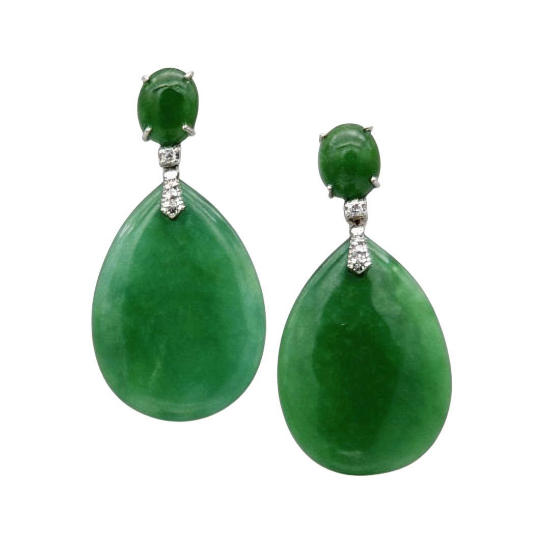 Art Deco 18K Gold Earrings with Diamonds 0.12 ct &amp; Jade