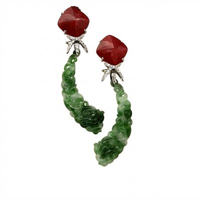 Art Deco 18K Gold Earrings with Diamonds 0.30 ct, Jade &amp; Ruby