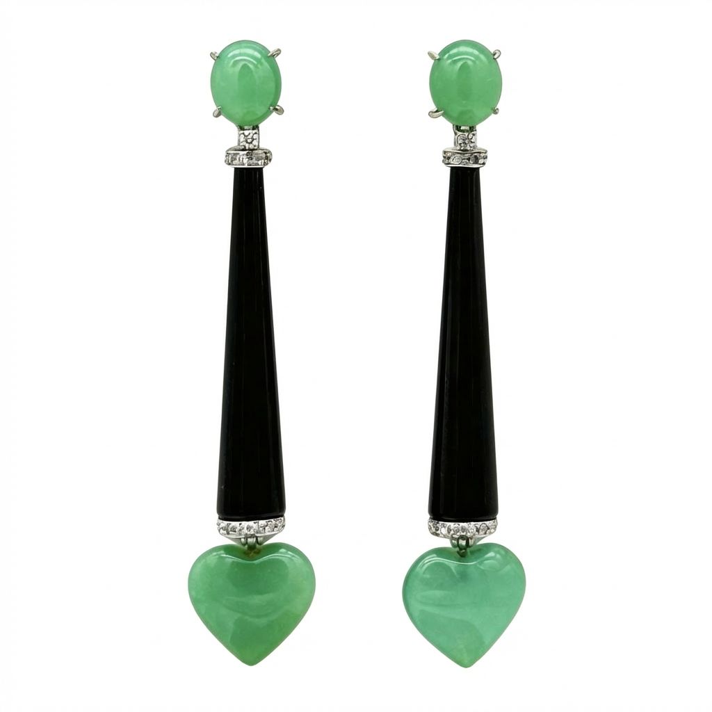 Art Deco 18K Gold Earrings with Diamonds 0.30 ct, Chrysoprase &amp; Onyx