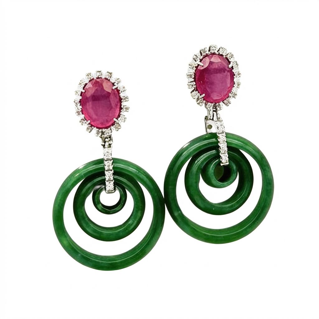 Art Deco 18K Gold Earrings with Diamonds 0.50 ct, Jade &amp; Ruby