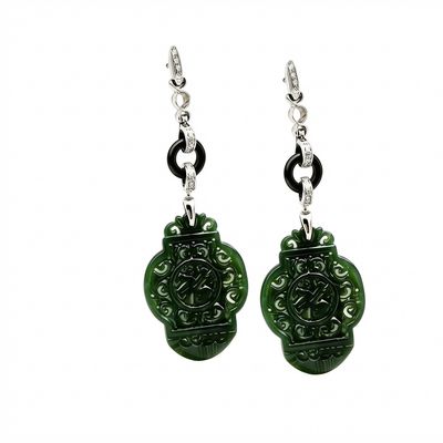 Art Deco 18K Gold Earrings with Diamonds 0.20 ct, Jade &amp; Onyx