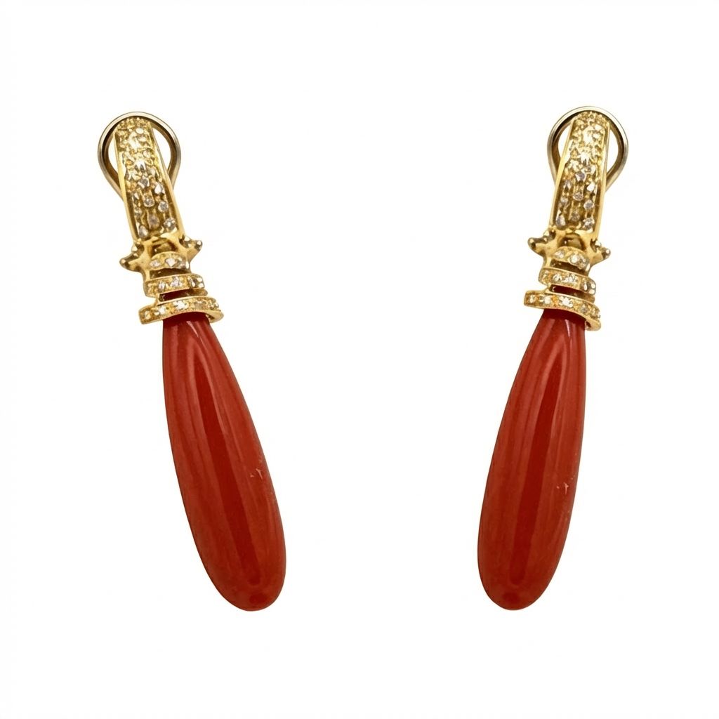 Art Deco 18K Gold Earrings with Diamonds 0.60 ct &amp; Red Mediterranean Coral