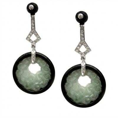 Art Deco 18K Gold Earrings with Diamonds 0.22 ct, Jade &amp; Onyx