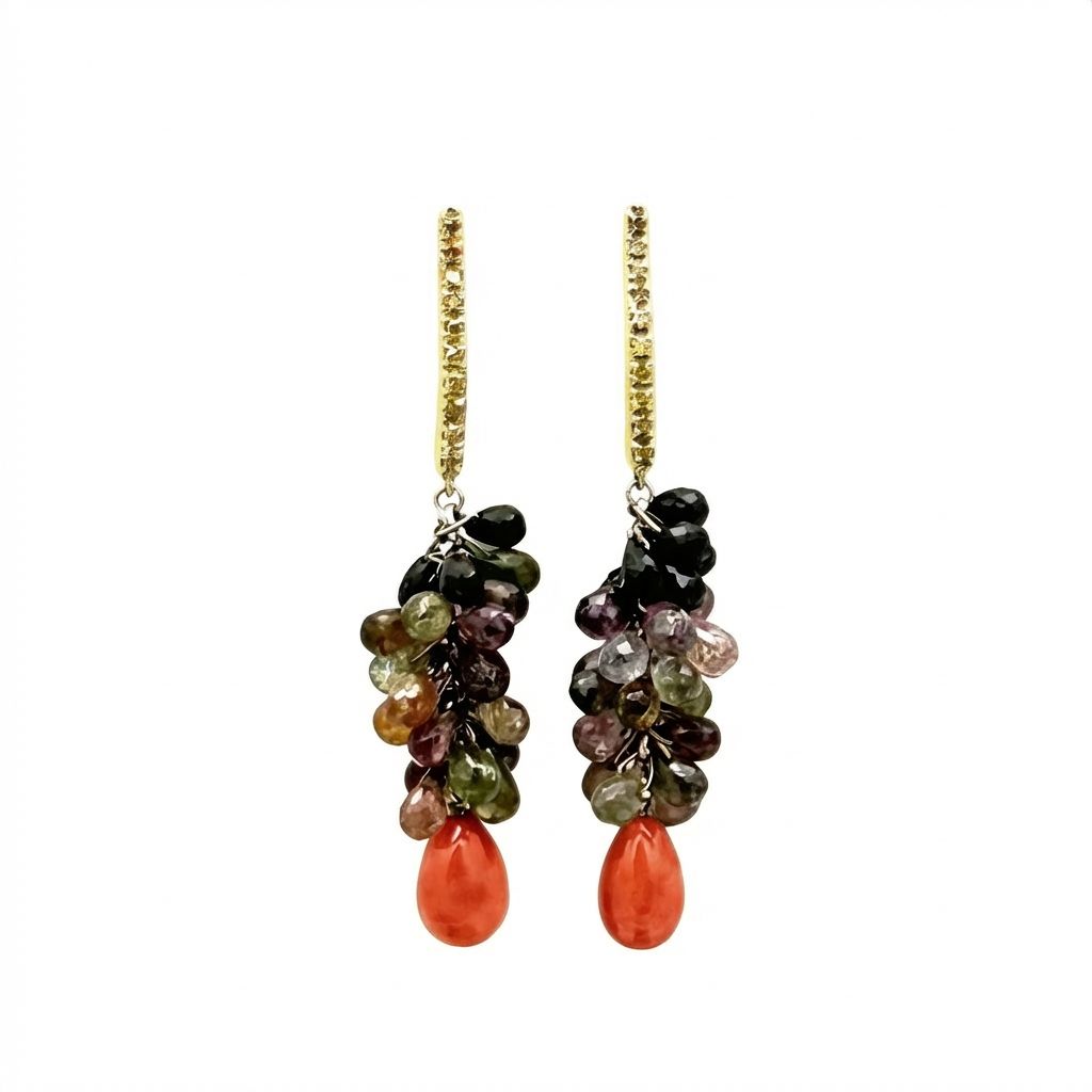 Art Deco 18K Gold Earrings with Diamonds 0.20 ct, Red Mediterranean Coral &amp; Tourmaline