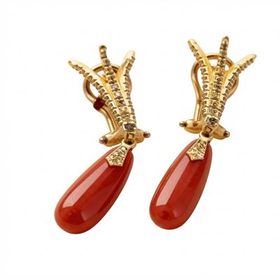 Art Deco 18K Gold Earrings with Diamonds 0.50 ct &amp; Mediterranean Coral