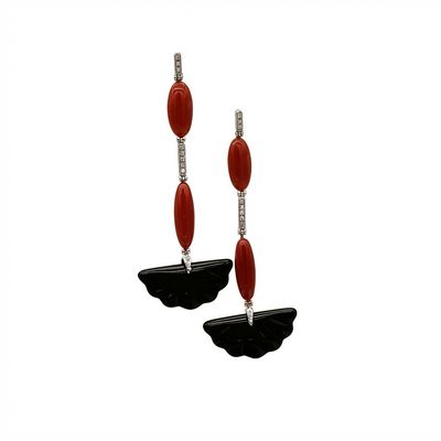 Art Deco 18K Gold Earrings with Diamonds 0.22 ct, Red Mediterranean Coral &amp; Onyx