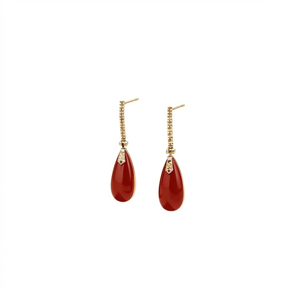 Art Deco 18K Gold Earrings with Diamonds 0.22 ct &amp; Red Mediterranean Coral