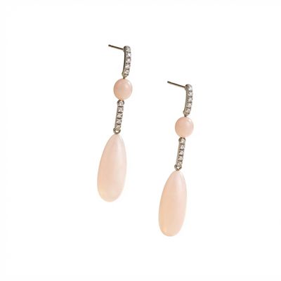 Art Deco 18K Gold Earrings with Diamonds 0.22 ct &amp; Pink Coral