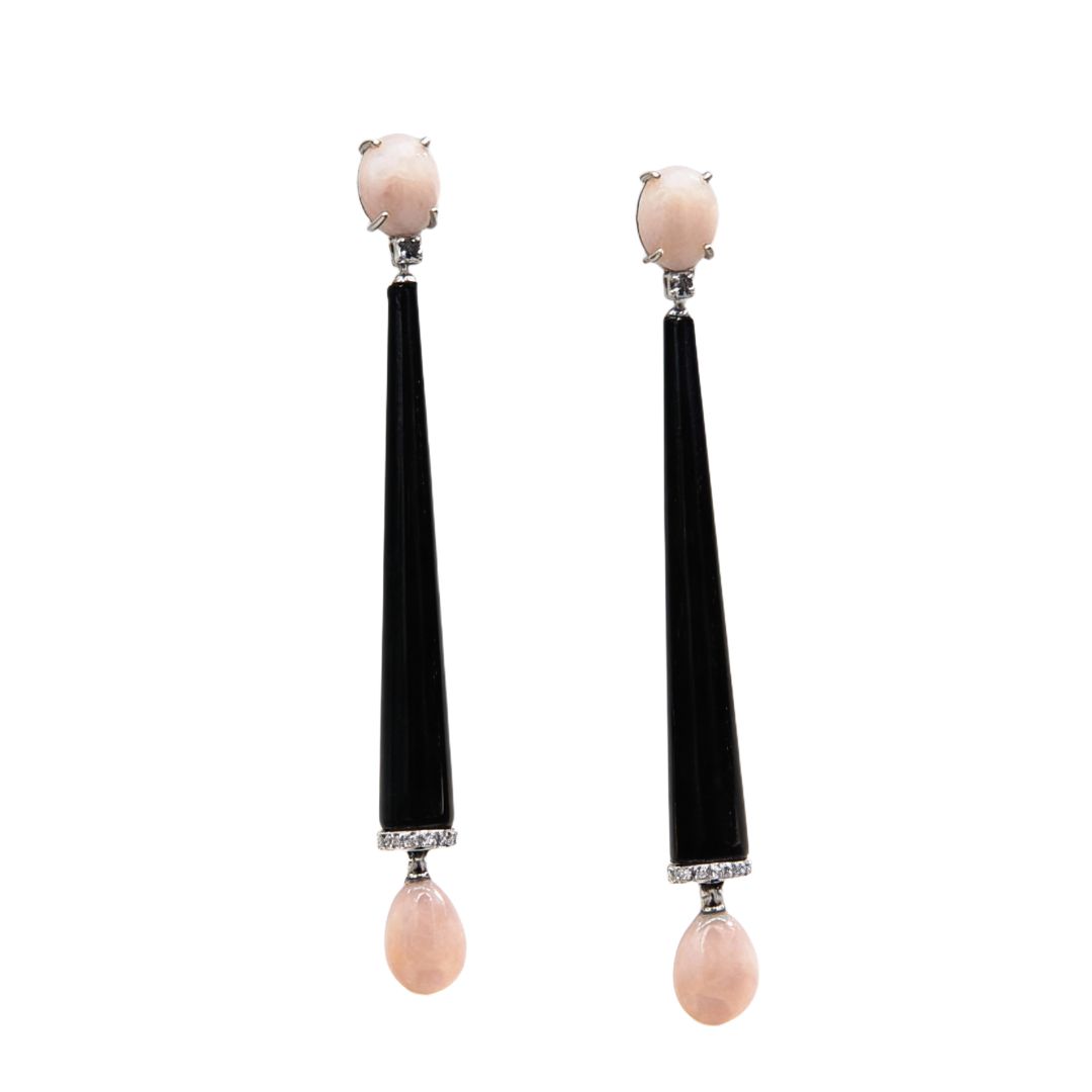 Art Deco 18K Gold Earrings with Diamonds 0.12 ct, Pink Coral &amp; Onyx