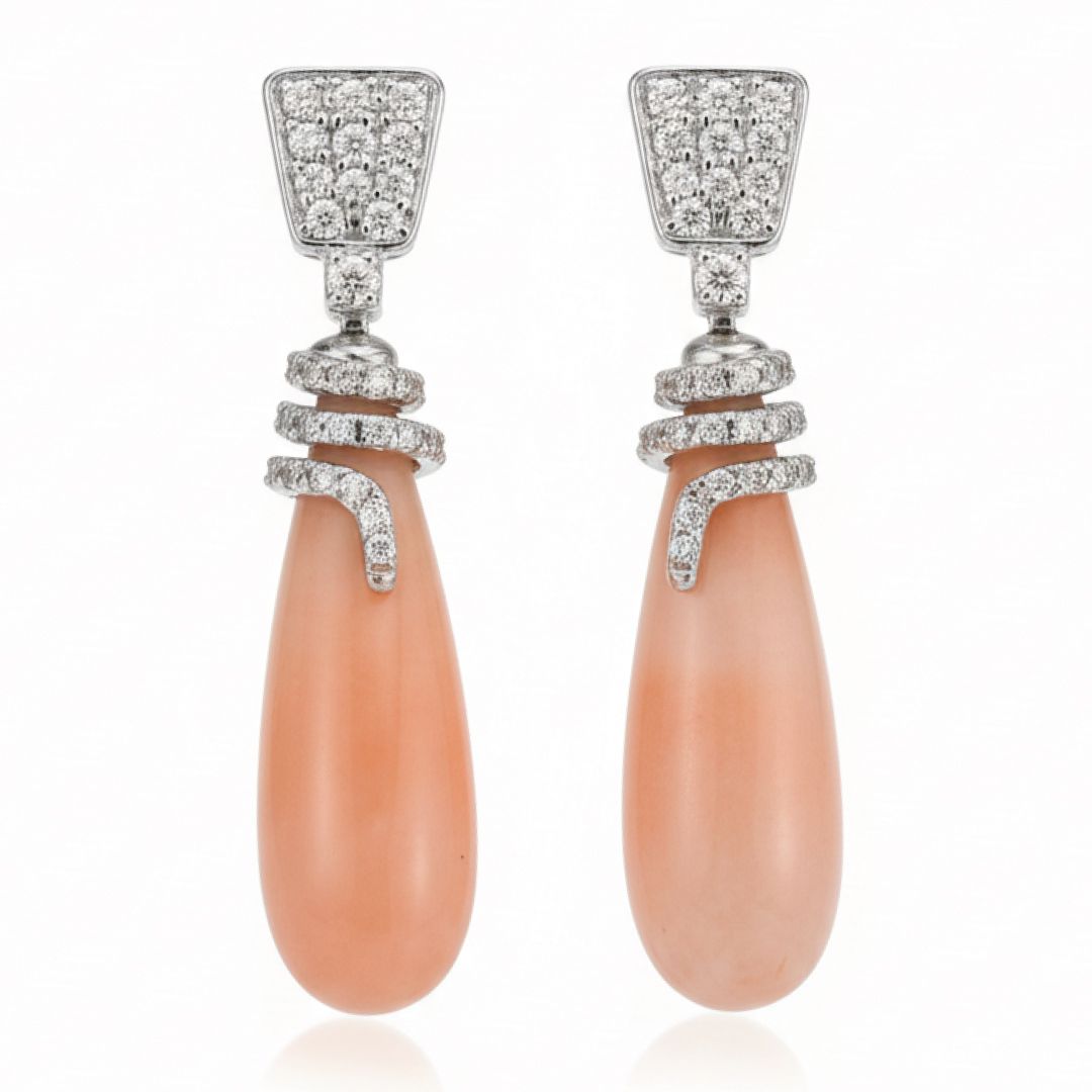Art Deco 18K Gold Earrings with Diamonds 0.40 ct &amp; Pink Coral