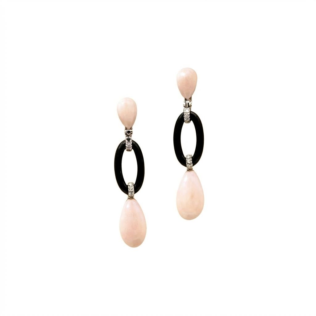 Art Deco 18K Yellow Gold Earrings with Diamonds 0.12 ct, Pink Coral &amp; Onyx