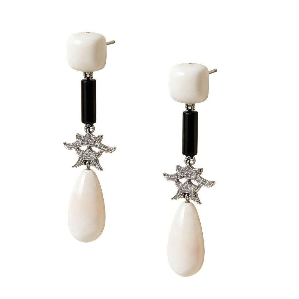 Art Deco 18K Gold Earrings with Diamonds 0.20 ct, Pink Coral &amp; Onyx