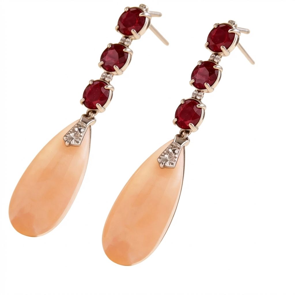Art Deco 18K Gold Earrings with Diamonds 0.25 ct, Pink Coral &amp; Rubies