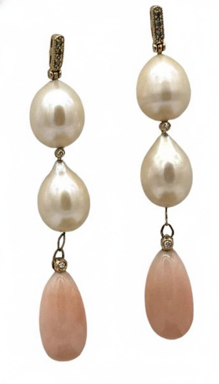Art Deco 18K Gold Earrings with Diamonds 0.10 ct, Pink Coral &amp; Pearls