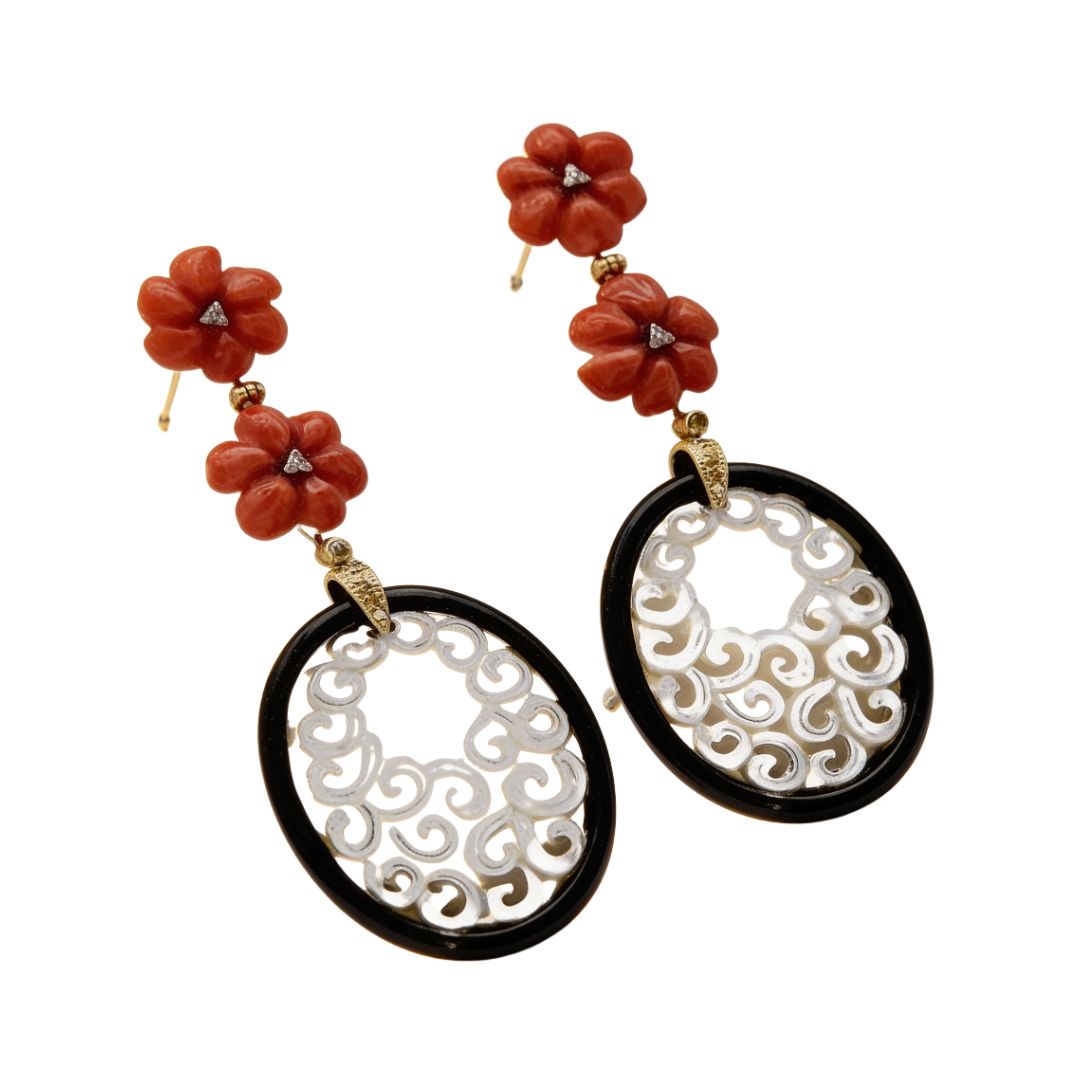 Art Deco 18K Gold Earrings with Diamonds 0.12 ct, Mother-of-Pearl, Onyx &amp; Coral